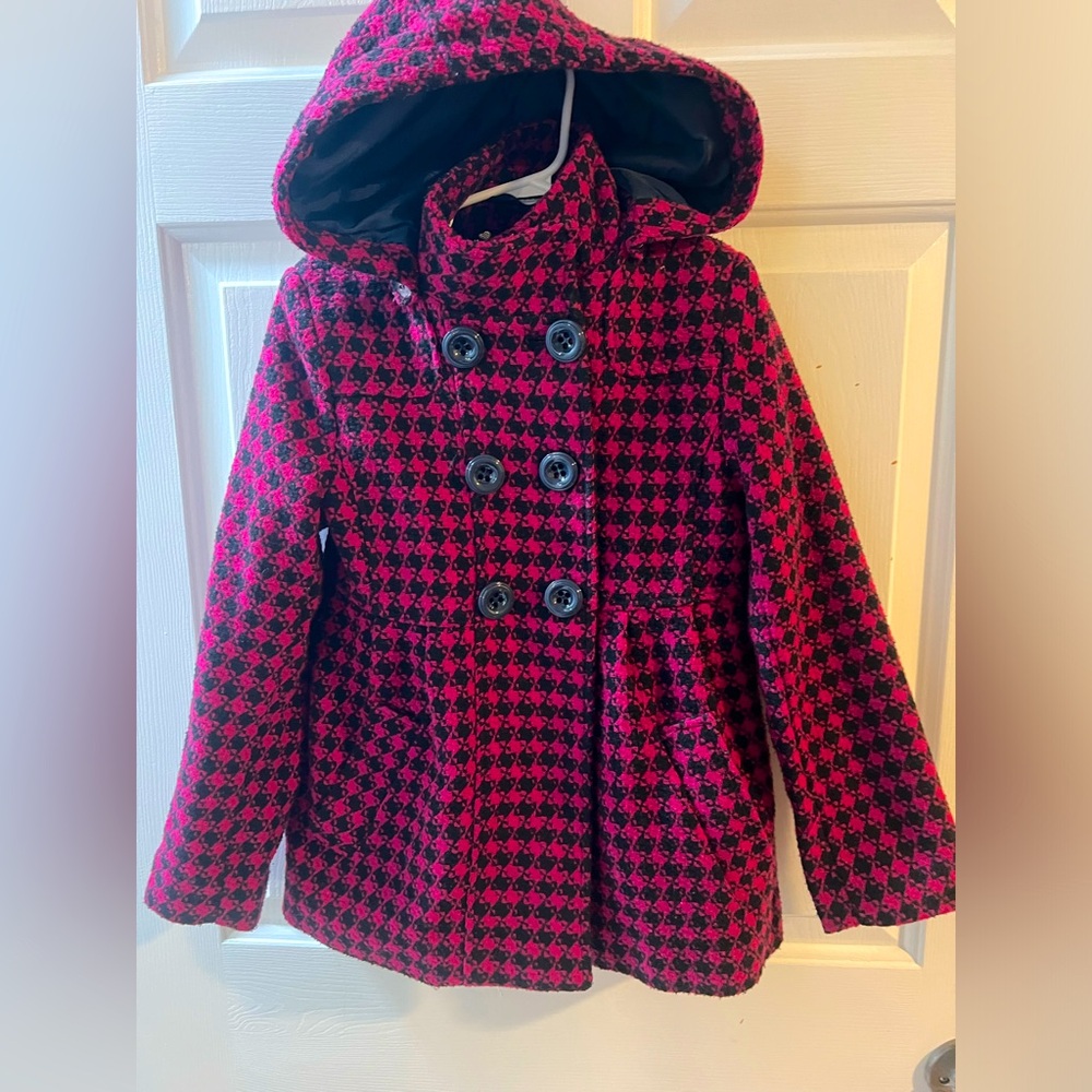 Rothschild Pink and Black Pea Coat with A-Line Silhouette